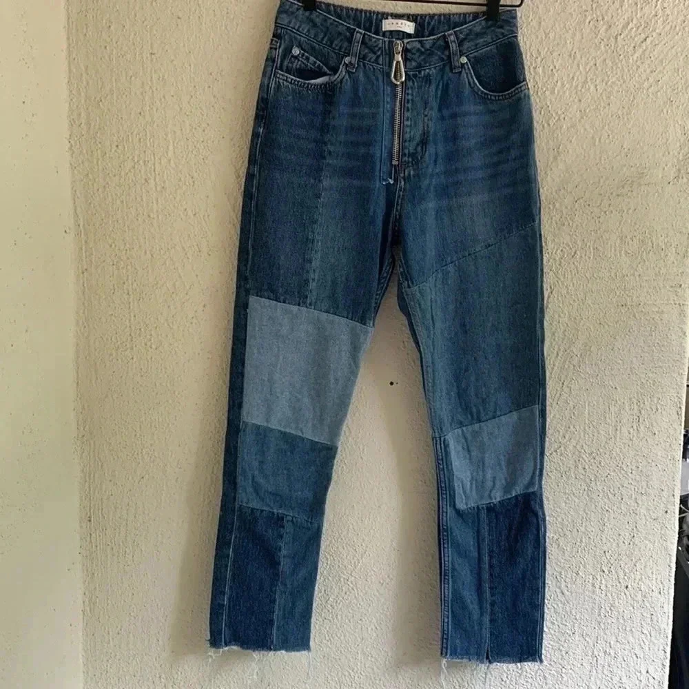 SANDRO Hani zip-detailed patchwork high-rise slim-leg jeans Size 28 - Picture 2 of 8